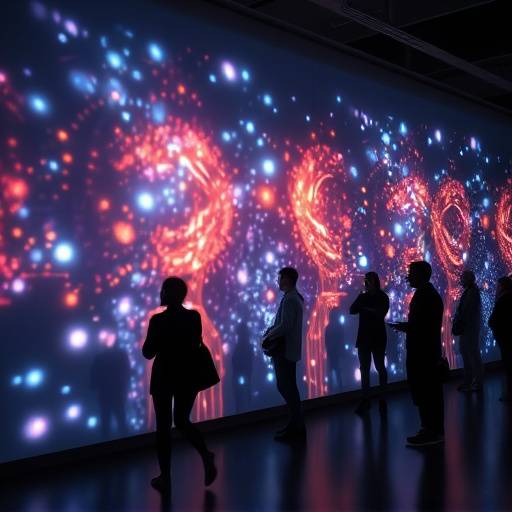 Image d'une installation interactive avec des participants interagissant avec des projections lumineuses sur un mur.