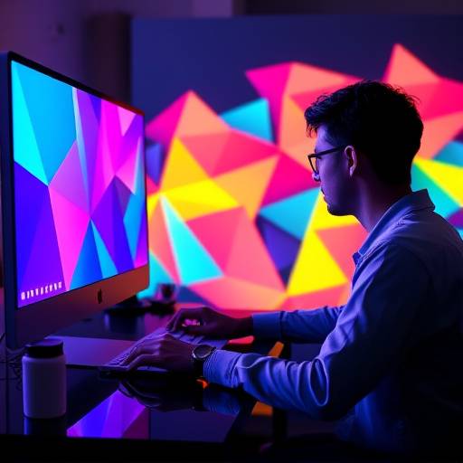 Image d'une personne travaillant sur un ordinateur, créant un design visuel avec des couleurs vives et des formes géométriques.