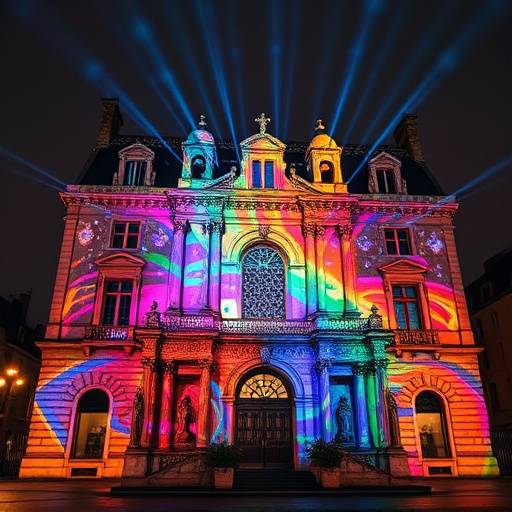 Image d'une projection mapping sur la faäade d'un bâtiment à Paris, avec des motifs lumineux complexes et colorés.