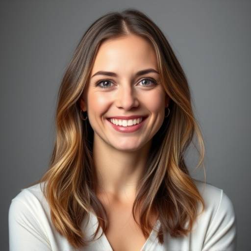 Portrait d'Isabelle Dubois, co-fondatrice et directrice artistique de Studio Lumière, souriant avec un éclairage studio doux.