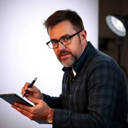 Portrait de Pierre Moreau, Designer Senior chez Studio Lumière, posant de manière créative avec une tablette graphique.