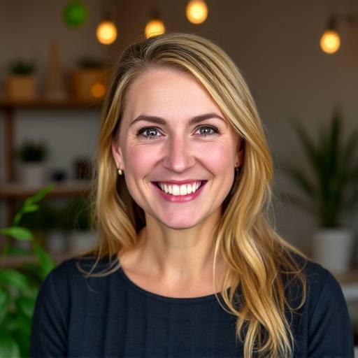 Portrait de Sophie Martin, chef de projet chez Studio Lumière, souriant avec un fond de matériel de production créative.